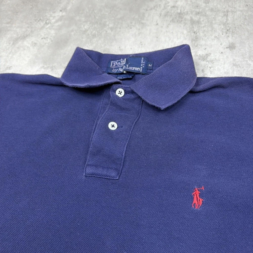 Vintage Polo Ralph Lauren Polo Shirt Mens M Slim Fit Navy Blue Made In USA 90s